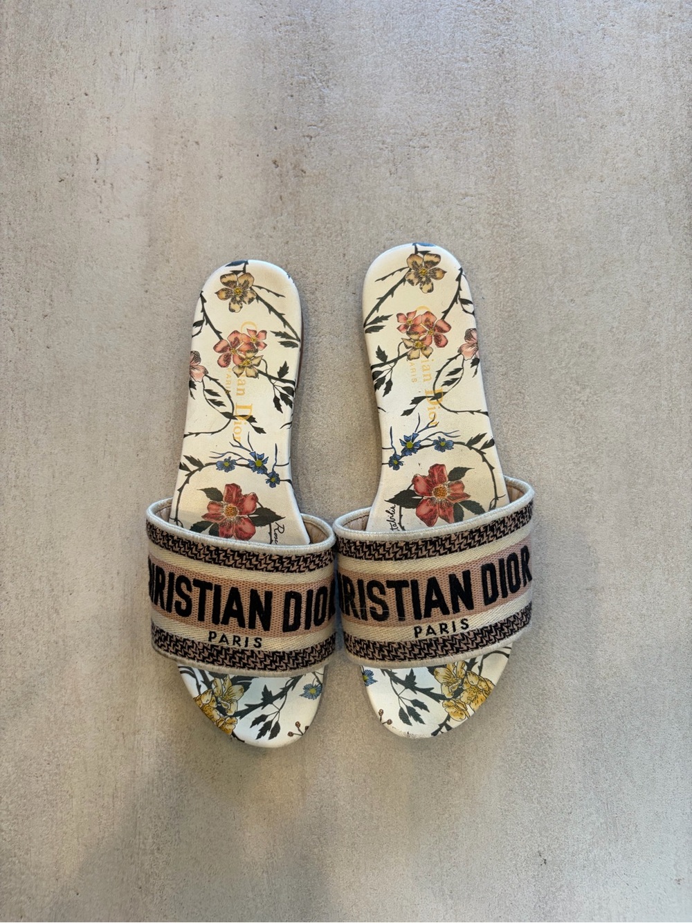 Pink and Beige Floral Logo Slide Sandals
